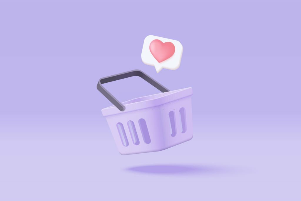 3d shopping bag for online shopping and digital marketing concept. Basket minimal icon with shadows on purple background. Shopping bag for buy, sale, discount, promotion. 3d vector icon illustration